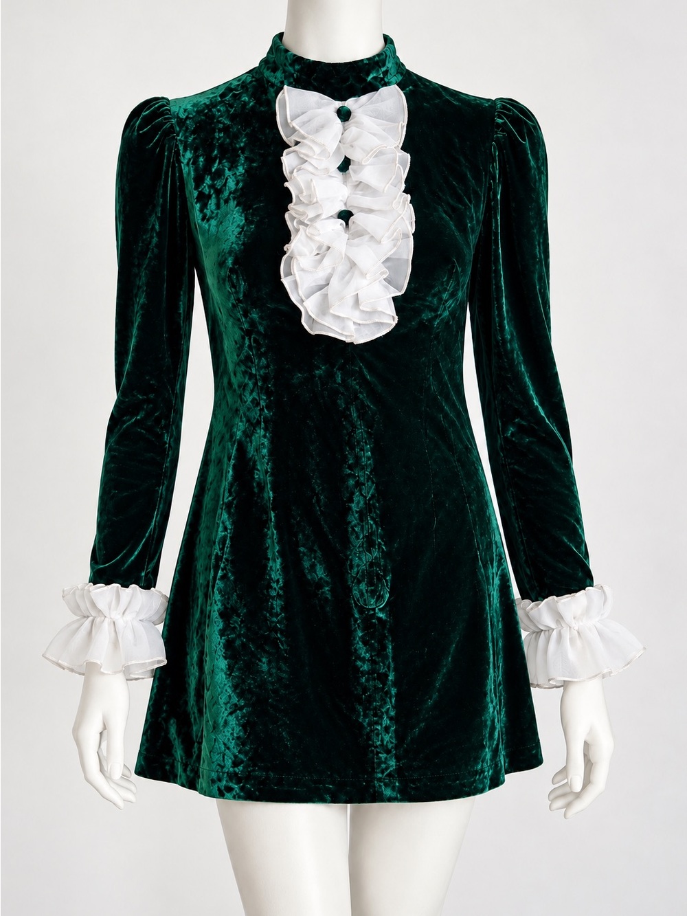 Vintage Emerald Teal Velvet Ruffle Bib Mini Dress Women’s XS/S